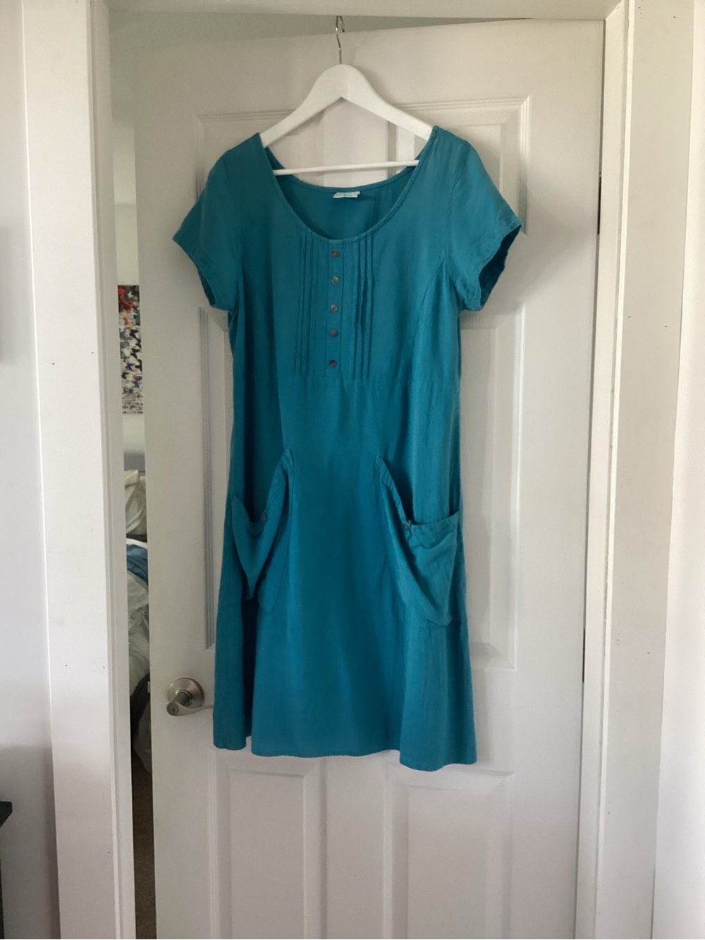Casual Teal Short-Sleeve Pocket Dress